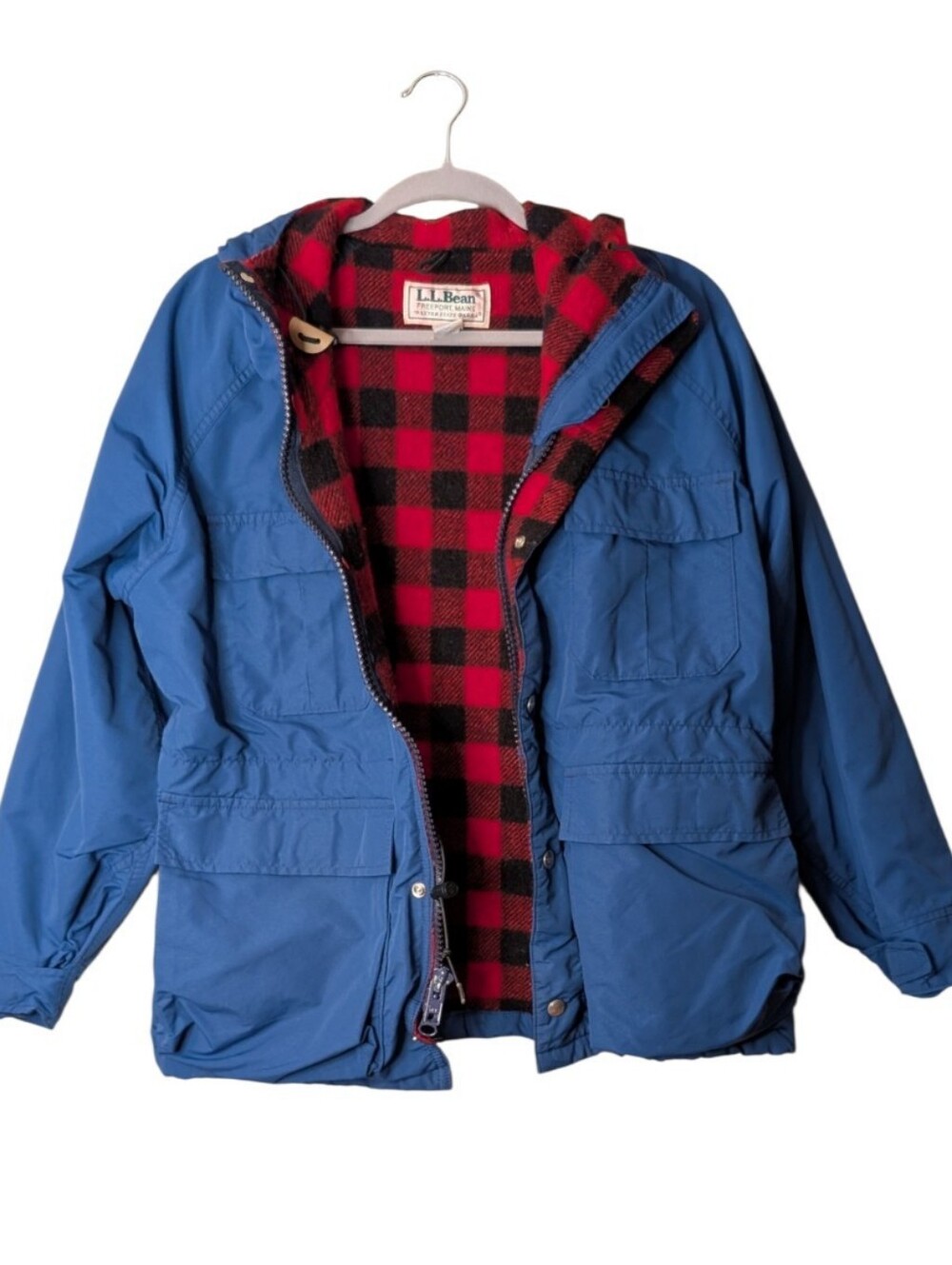 VTG L.L. Bean Baxter State Parka Blue Wool Buffalo Plaid Lined Jacket women's M